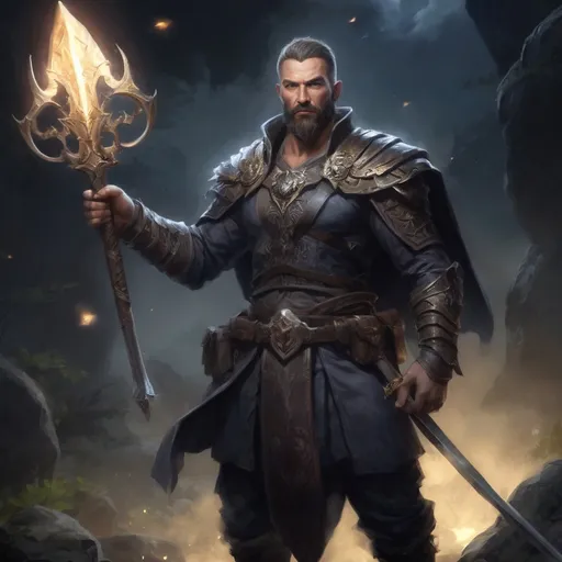 Prompt: male stocky muscular mature summoner with short hair and beard, holding fantasy-weapon, in nature at night, pathfinder, d&d setting, Realistic, Enhanced shadow and light quality