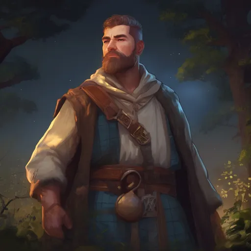 Prompt: (Full body) male stocky scottish druid with short hair and beard, big arms, in nature at night, pathfinder, d&d setting, in a realistic digital art style