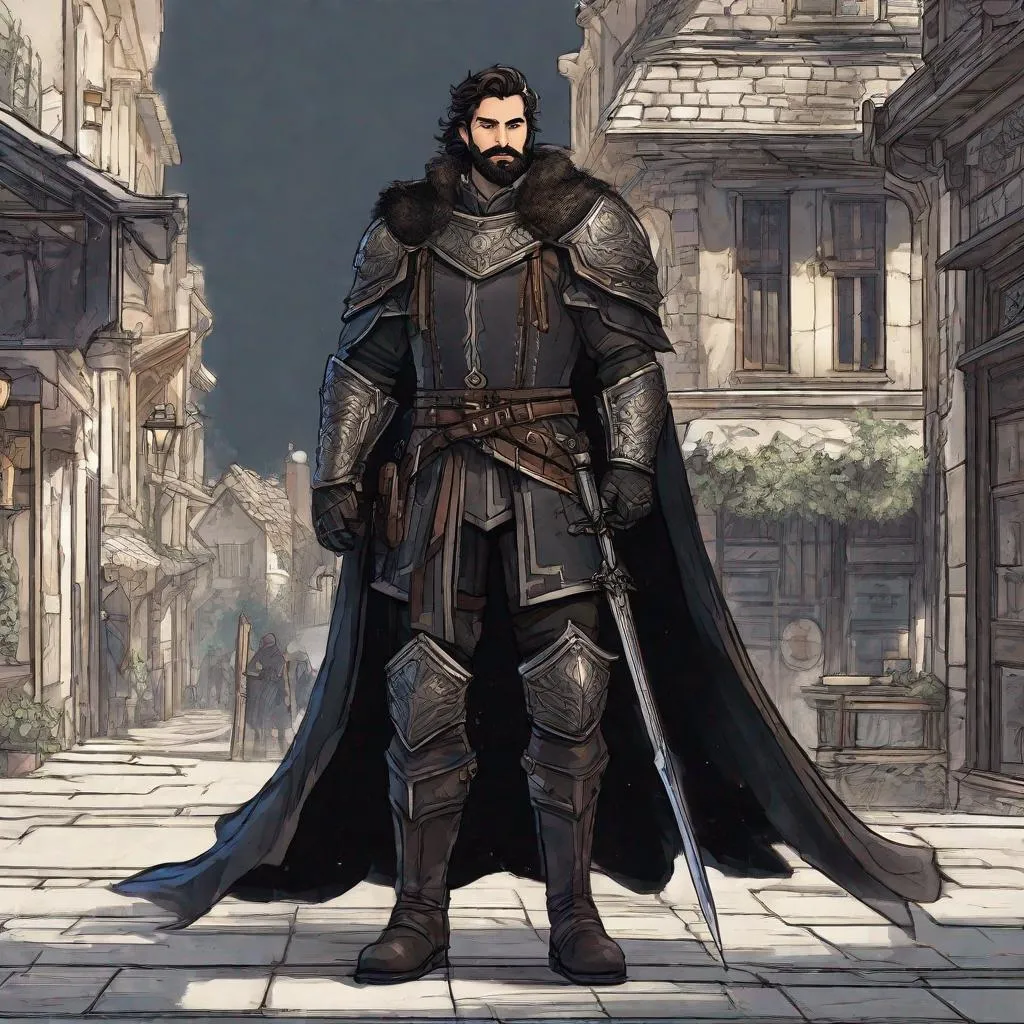 Prompt: (Full-body) A handsome hairy male paladin with dark hair and short beard, weapon in one hand, dark armor with natural details, chest hair, cloak, boots, dark street in a town, in a shaded painted style