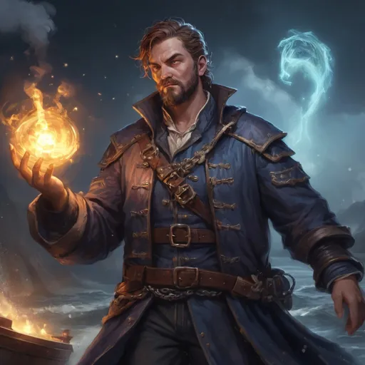 Prompt: male stocky heavy-built large fat pirate magus with short hair and beard, wearing magic coat, casting a water spell, on a ship by land at night, pathfinder, d&d setting, in a realistic high quality digital art style