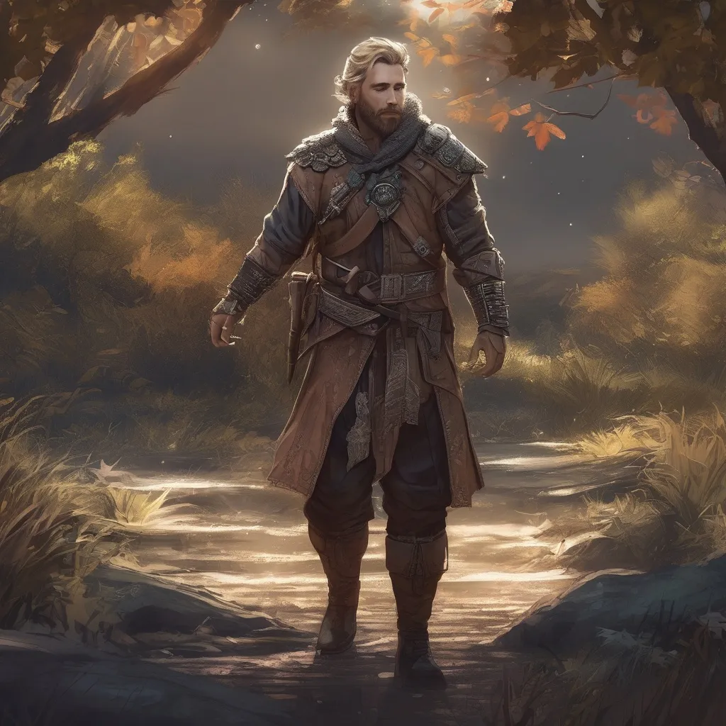 Prompt: (Full body) male stocky Noble raider with blonde short hair and beard, in nature at night, pathfinder, d&d setting, in a realistic digital art style