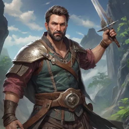 Prompt: (torso) Male stocky large fit 37-year old enchanter with short-cut hair and beard, open shirt hairy chest, in combat casting a magic-ray out of hands in a windy path, pathfinder, d&d setting, in a realistic high quality digital art style, enhanced shadow quality, colorful