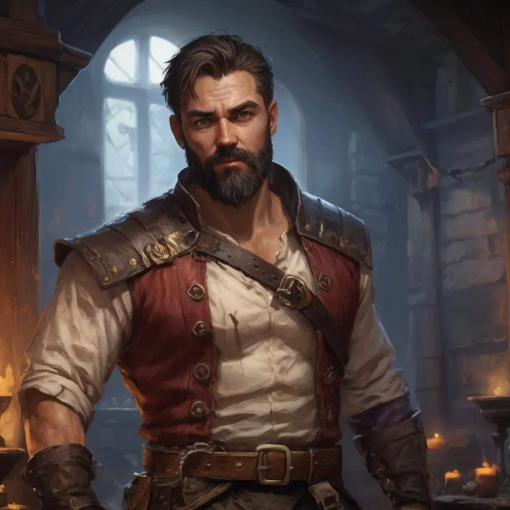 Prompt: Male stocky large muscular royal bard with short-cut hair and beard, exploring a dark tavern room, pathfinder, d&d setting, realistic, enhanced shadow quality