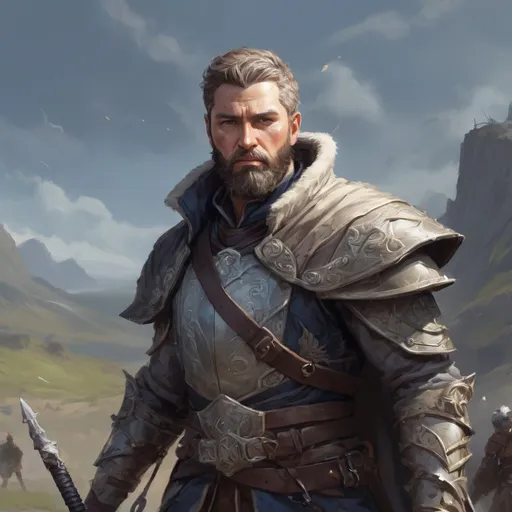 Prompt: Male stocky heavy-set finnish royal magus with short-cut hair and beard, on a windy battlefield, pathfinder, d&d setting, in a realistic high quality digital art style, enhanced shadow quality