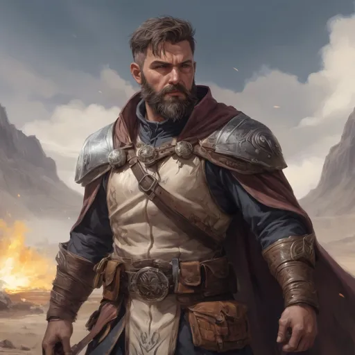 Prompt: Male stocky heavy-set welch royal magus with short-cut hair and beard, casting spell on a windy battlefield, pathfinder, d&d setting, in a realistic high quality digital art style, enhanced shadow quality