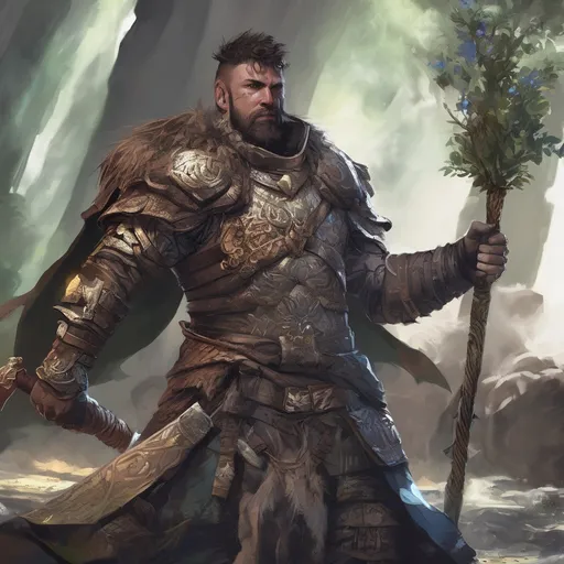 Prompt: (Full body) male stocky warrior with short-cut hair and beard, holding magical tree staff, in a dark temple dungeon, no shirt on,  big shoulderguards, pathfinder, d&d setting, in a realistic digital art style