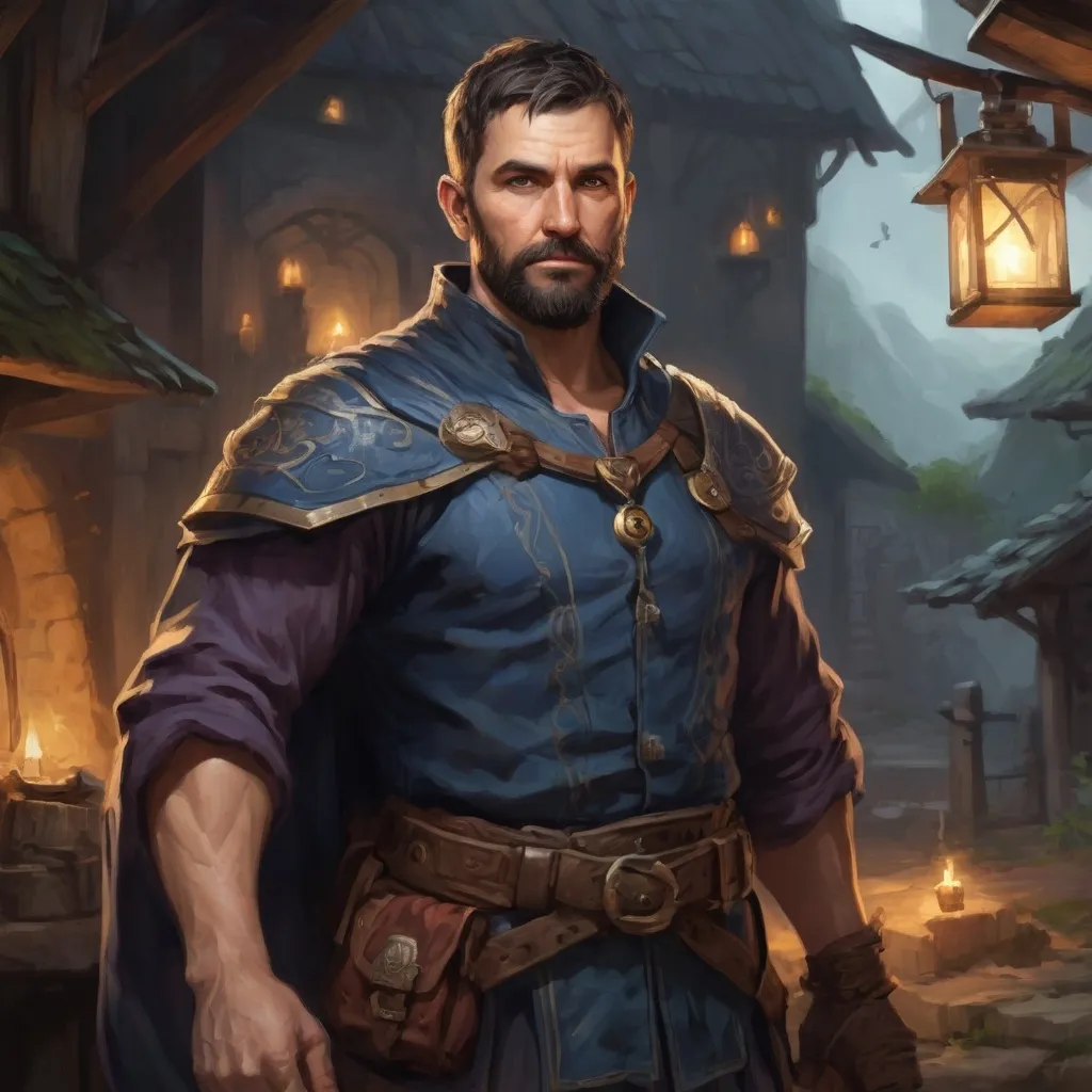 Prompt: Male stocky fit large 37-year old sorcerer with short-cut hair and beard, in a small fantasy village, pathfinder, d&d setting, enhanced shadow quality
