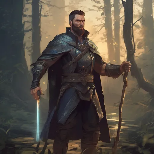 Prompt: (Full body) male muscular summoner with short hair and beard, in nature at night, pathfinder, d&d setting, in a realistic digital art style