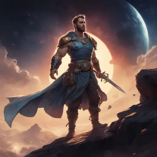 Prompt: Male stocky large mature greek fighter with short-cut hair and beard, exploring a dark astral plane, pathfinder, d&d setting, in a realistic high quality digital art style, enhanced shadow quality, colorful