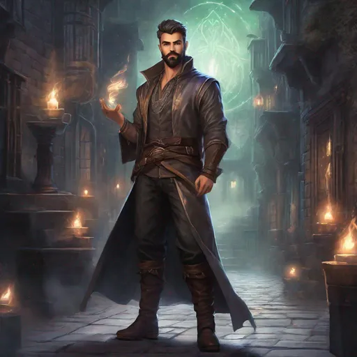 Prompt: (Full body) handsome young elemental wizard glowing eyes with short cut hair with grey streaks short beard, manly face, leather shirt, casting a magic spell, pathfinder, dungeons and dragons, in a dark back street, in a painted style, realistic