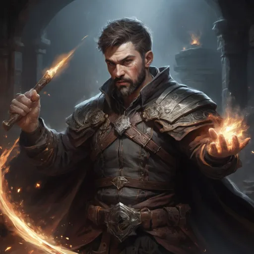 Prompt: Male stocky large mature fit battle-mage with short-cut hair and beard, engaged in combat casting an explosive-spell in a dark dungeon room, pathfinder, d&d setting, realistic, enhanced shadow quality