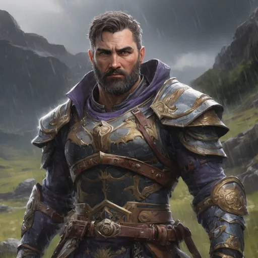 Prompt: Male heavy-set mature muscular holy-paladin with short-cut hair and beard, in a windy valley in the rain, pathfinder, d&d setting, enhanced shadow quality