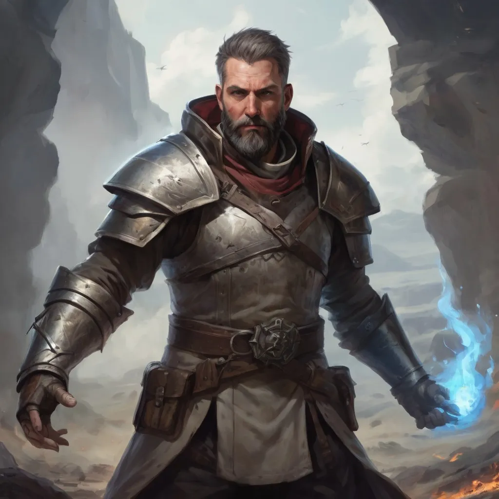 Prompt: Male heavy-set mature fit Cleric with short-cut hair and beard, casting healing-magic out of hands on a wounded male warrior with short hair and a beard, in a windy battlefield, pathfinder, d&d setting, enhanced shadow quality