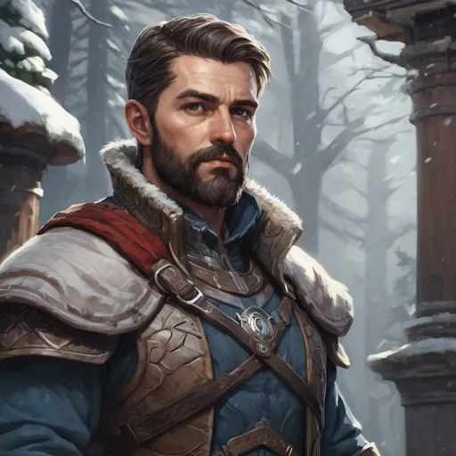 Prompt: (torso) Male stocky mature noble explorer, with short hair and beard, standing on an old temple in a winter forest, pathfinder, d&d setting, in a realistic high quality digital art style, enhanced shadow quality, colorful