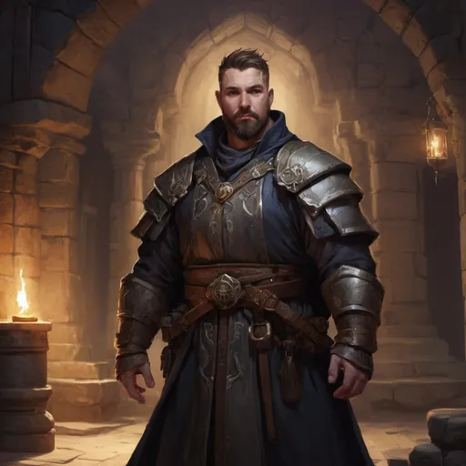 Prompt: Male stocky heavy-set cleric with short-cut hair and beard, big belly, inside a temple dungeon at night, pathfinder, d&d setting, in a realistic high quality digital art style, enhanced shadow quality