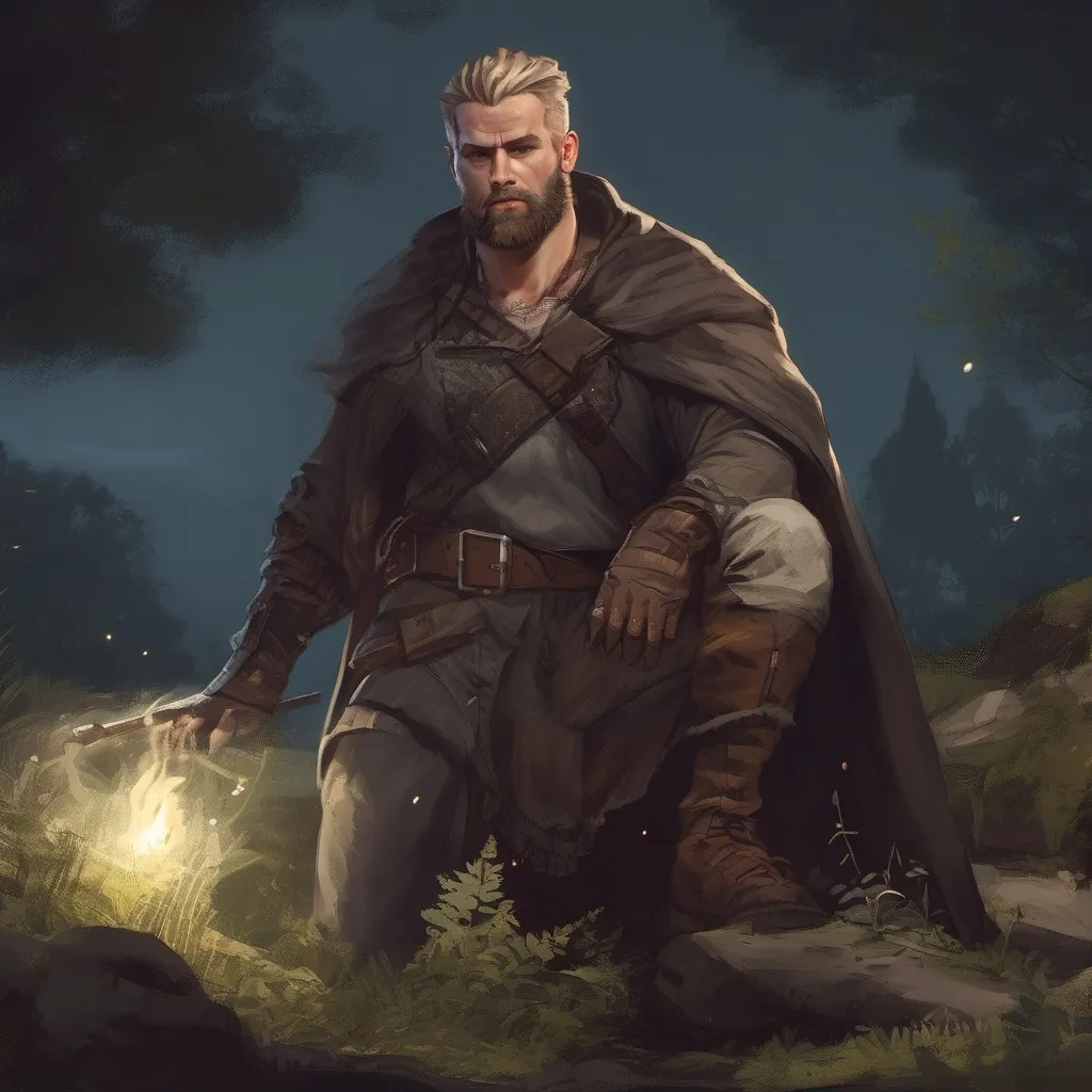 Prompt: (Full body) male stocky Noble thief with blonde short hair and beard, in nature at night, pathfinder, d&d setting, in a realistic digital art style