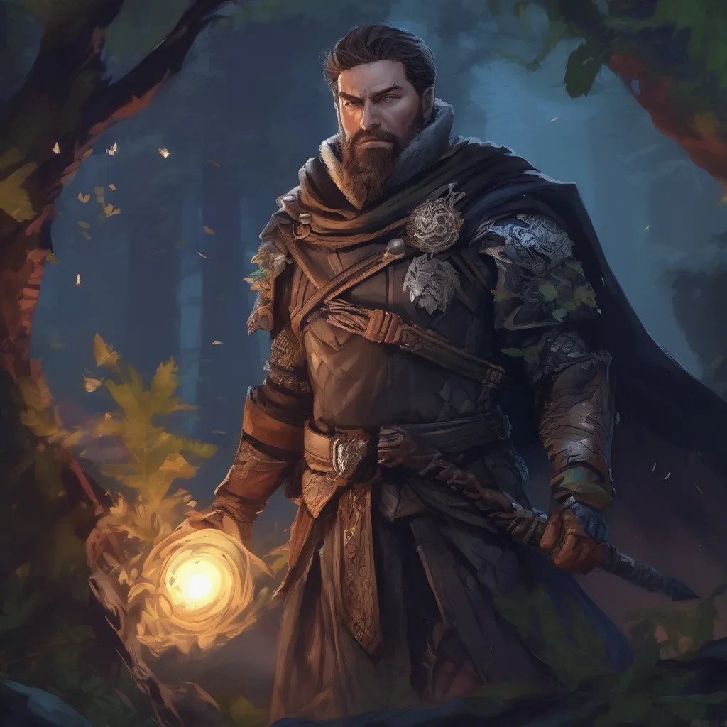 Prompt: (Full body) male stocky druid with short-cut hair and beard, in leather armor, casting a swirly nature-spell, in nature at night pathfinder, d&d setting, in a realistic digital art style