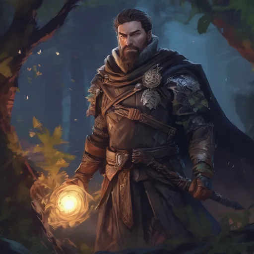 Prompt: (Full body) male stocky druid with short-cut hair and beard, in leather armor, casting a swirly nature-spell, in nature at night pathfinder, d&d setting, in a realistic digital art style