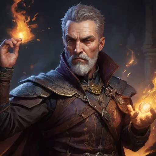 Prompt: Male stocky large mature warlock with short-cut hair and beard, engaged in combat casting a bright spell inside of a dark dungeon, pathfinder, d&d setting, in a realistic high quality digital art style, enhanced shadow quality, colorful