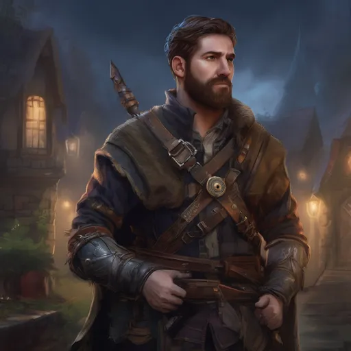 Prompt: (Full body) male handsome large scottish ranger with short hair and beard, by a small fantasy village at night, pathfinder, d&d setting, in a realistic high quality digital art style