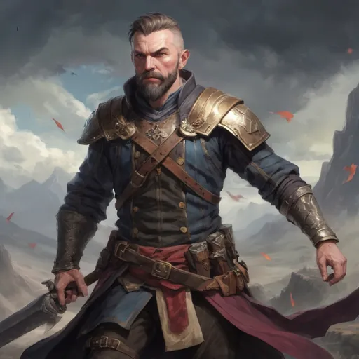 Prompt: Male heavy-set mature fit bard with short-cut hair and beard, holding fantasy-weapon , in a windy battlefield, pathfinder, d&d setting, enhanced shadow quality