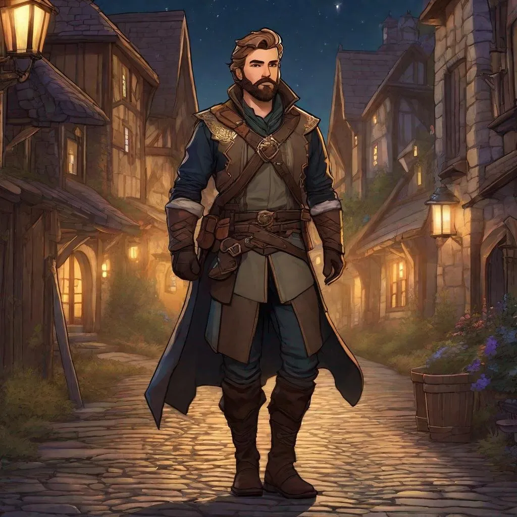 Prompt: A male ranger with dark-blonde short hair and beard, boots, magical swirls, standing on a road outside of a small town at night, pathfinder, dungeons & dragons, in a detailed realistic digital art style