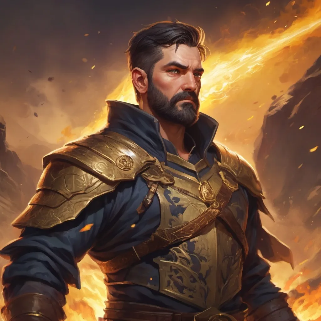 Prompt: Male stocky heavy-set mature illutionist with short-cut hair and beard, on a battlefield, in combat, casting a gold-spell, pathfinder, d&d setting, in a realistic high quality digital art style, enhanced shadow quality