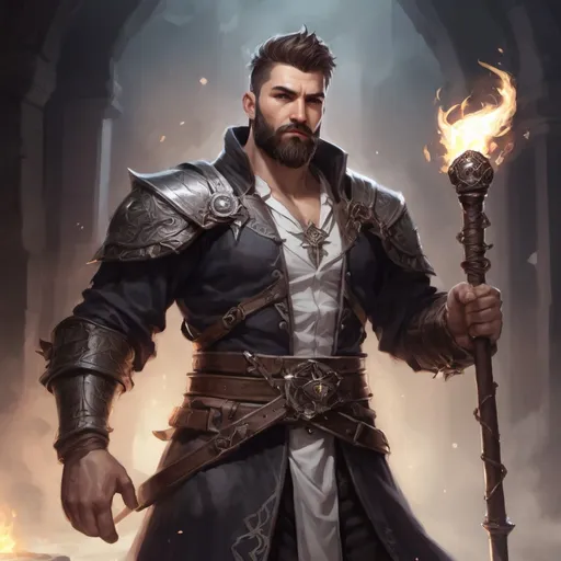 Prompt: (torso) Male stocky large masculine summoner with short-cut hair and beard, holding a white-magic staff inside a dungeon, pathfinder, d&d setting, in a realistic high quality digital art style, enhanced shadow quality