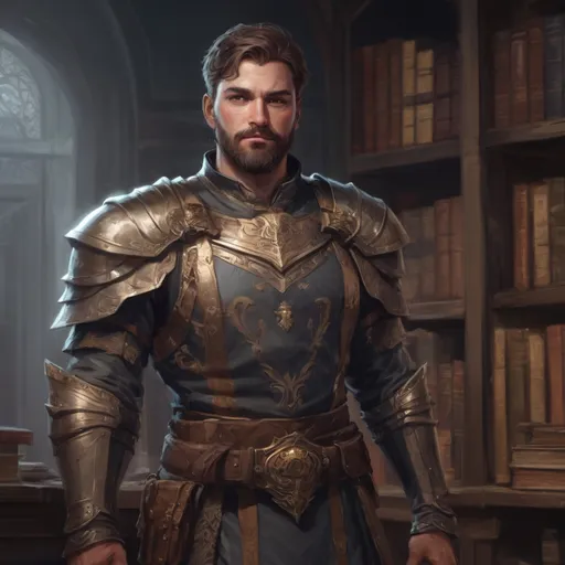 Prompt: (Full body) male stocky masculine manly hunky royal knight with short hair and beard, hairy chest, in a dark library, pathfinder, d&d setting, in a realistic high quality digital art style