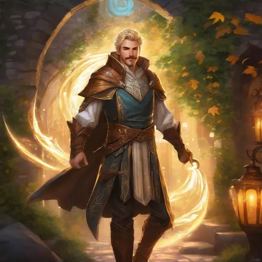 Prompt: (Full body) A hairy broad-chested large handsome male magical mage with short cut blonde hair a mustache and stubble, pathfinger,  light-armor (leaf details), magic swirl from staff, dungeons and dragons, hairy chest, brown boots, fantasy setting, coming out a large towngate late at night, in a painted style realistic art