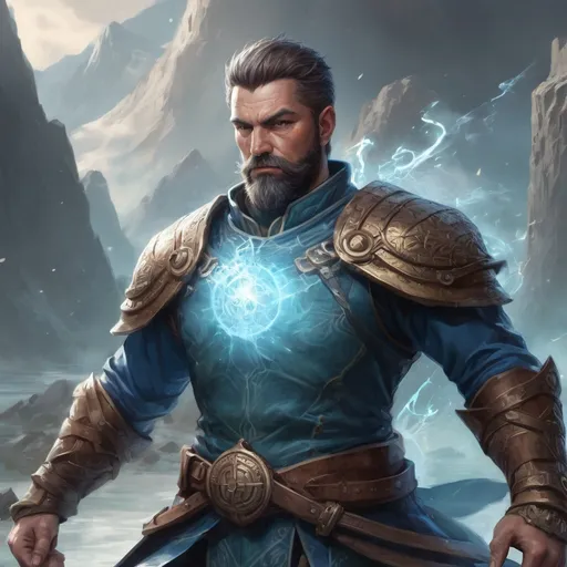 Prompt: Male stocky heavy-set mature water-mage with short-cut hair and beard, on a battlefield, in combat, casting a white-spell, pathfinder, d&d setting, in a realistic high quality digital art style, enhanced shadow quality, colorful