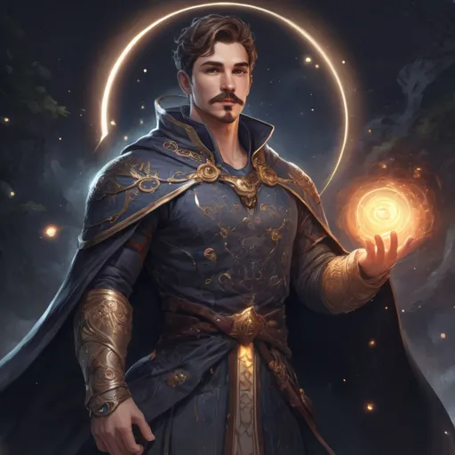 Prompt: (Full body) male stocky young muscular cleric with short-cut hair and a mustache, casting a swirly astral-spell, in nature at night pathfinder, d&d setting, in a realistic digital art style