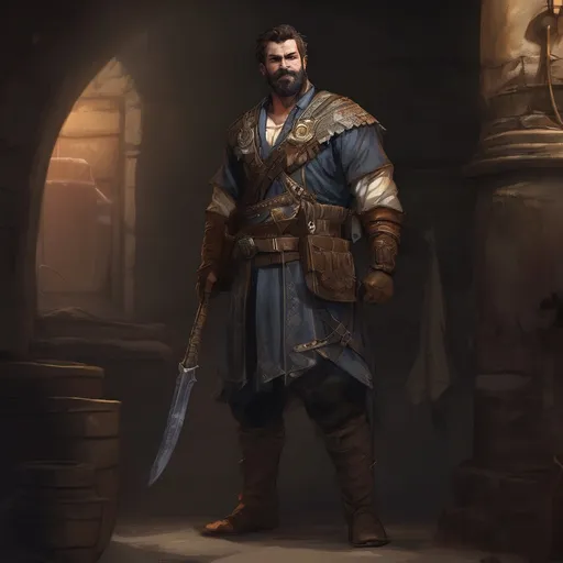 Prompt: (Full body) male stocky big-chested bandit with short hair and beard, in a dark room, pathfinder, d&d setting, in a realistic digital art style