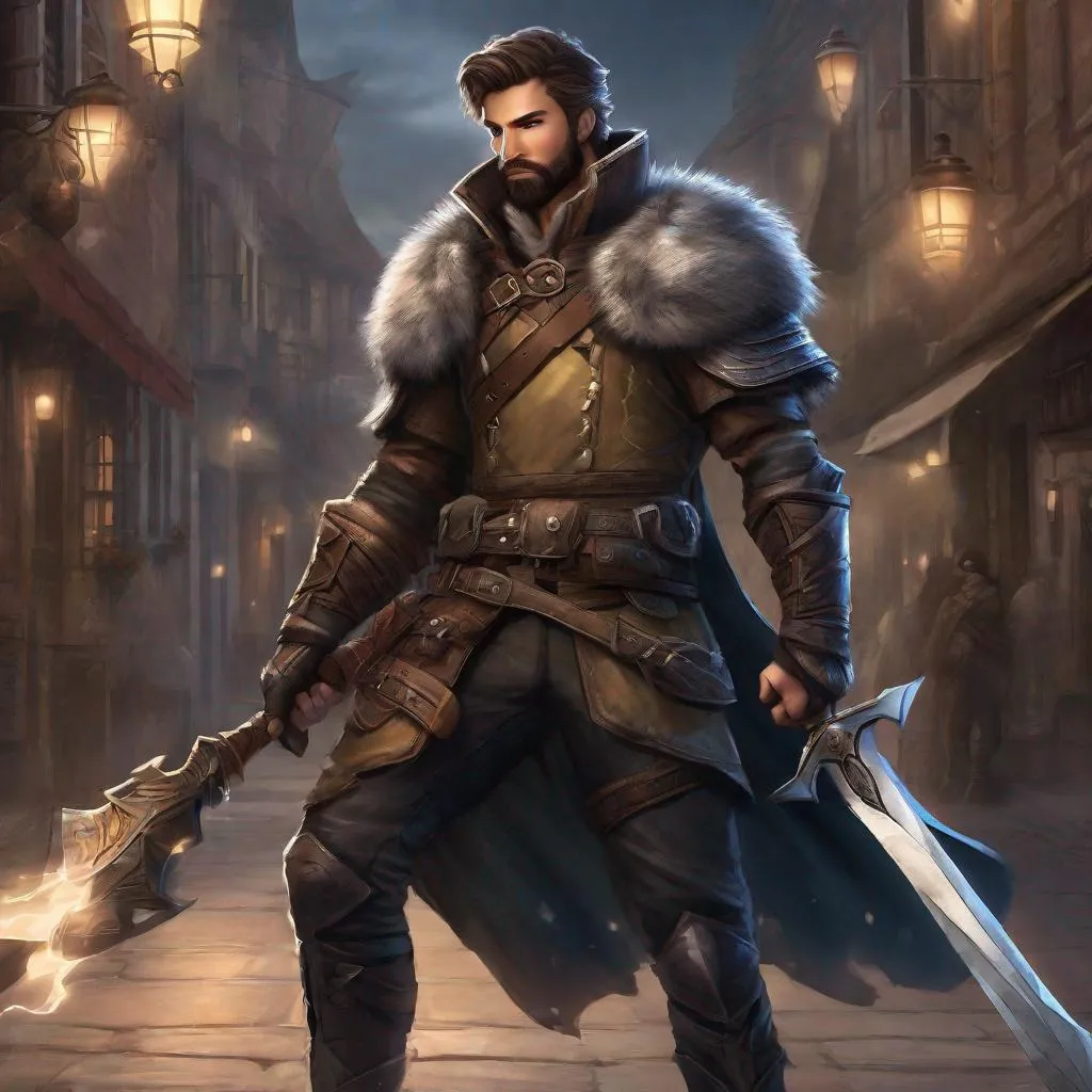 Prompt: (Full-body) A handsome rugged hairy male rogue, short-hair and short-bearded, leather armor, hairy chest visible, holding a fantasy weapon, dark fantasy street, matte shaded illustration, realistic digital art