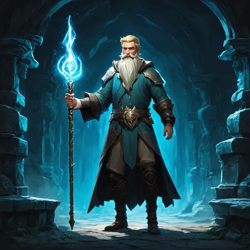 Prompt: (Full body) male druid with blonde short hair and beard, holding a glowing staff, exploring an underground temple in the dark, magic swirls, pathfinder, d&d setting, in a drawn digital art style