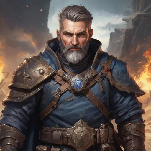 Prompt: Male stocky heavy-set mature arcane-alchemist with short-cut hair and beard, on a battlefield, in combat, holding a frostbomb, pathfinder, d&d setting, in a realistic high quality, enhanced shadow quality, colorful
