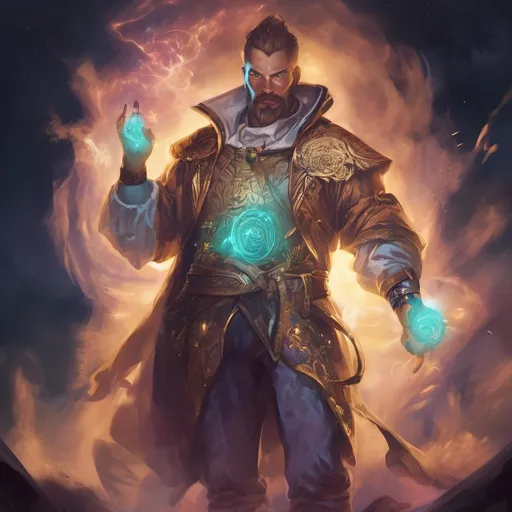 Prompt: (Full body) male stocky magus with short-cut hair and beard, casting a swirly astral-spell, in nature at night pathfinder, d&d setting, in a realistic digital art style