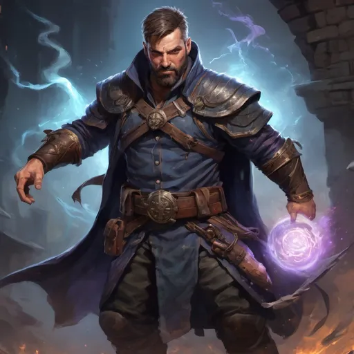 Prompt: (torso) Male stocky large 38-year old sorcerer with short hair and beard, engaged in combat casting an arcane-spell, villiage under siege at night, in movement, pathfinder, d&d setting, realistic, enhanced shadow quality, colorful