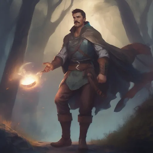 Prompt: (Full body) male stocky young muscular magus with short-cut hair and a mustache, casting an astral-spell, in nature at night pathfinder, d&d setting, in a realistic digital art style