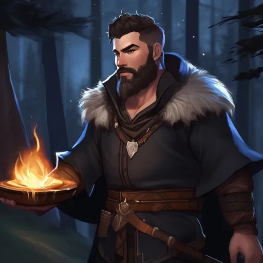 Prompt: (Full body) male stocky summoner with short hair and beard, hairy-chest, in a black forest at night, pathfinder, d&d setting, in a realistic digital art style