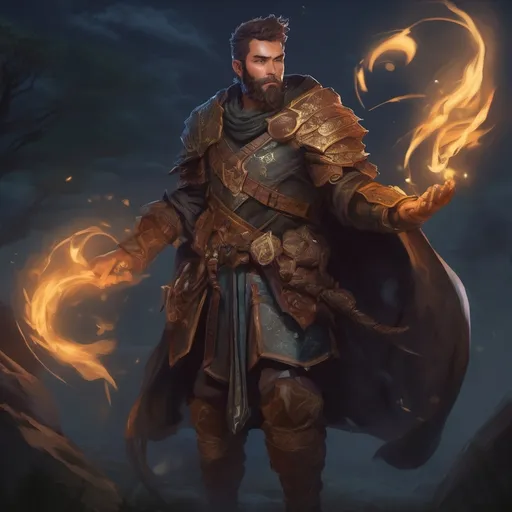 Prompt: (Full body) male stocky druid with short-cut hair and beard, in leather armor, casting a swirly nature-spell, in nature at night pathfinder, d&d setting, in a realistic digital art style