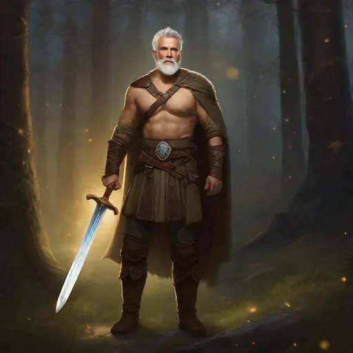 Prompt: (Full body) A male bare chested hairy older mature fighter short-cut salt and pepper hair with short-beard manly face, pathfinder, faint lights in the background, holding sword, dungeons and dragons, brown boots, fantasy setting, standing in a forest glade at night, in a painted style realistic art