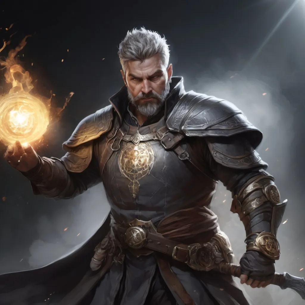 Prompt: Male stocky large mature fit battle-mage with short-cut hair and beard, engaged in combat casting a white-light spell in a dark room, pathfinder, d&d setting, realistic, enhanced shadow quality