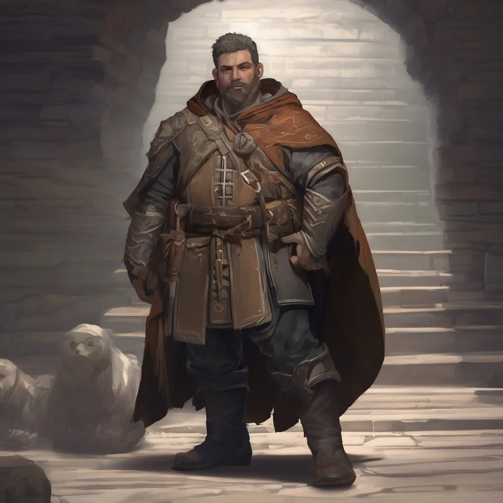 Prompt: (Full body) male stocky young bard with grey short-cut hair and beard, in a dark underground dungeon temple, pathfinder, d&d setting, in a realistic digital art style