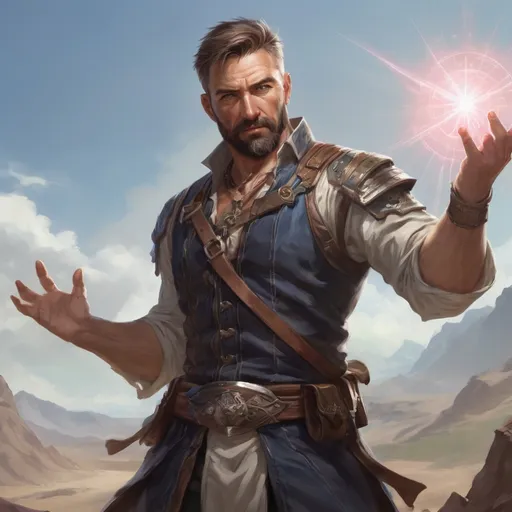 Prompt: (torso) Male stocky large 42-year old enchanter with short-cut hair and beard, open shirt hairy chest, in combat casting a magic-ray out of hands in a windy path, pathfinder, d&d setting, in a realistic high quality digital art style, enhanced shadow quality, colorful
