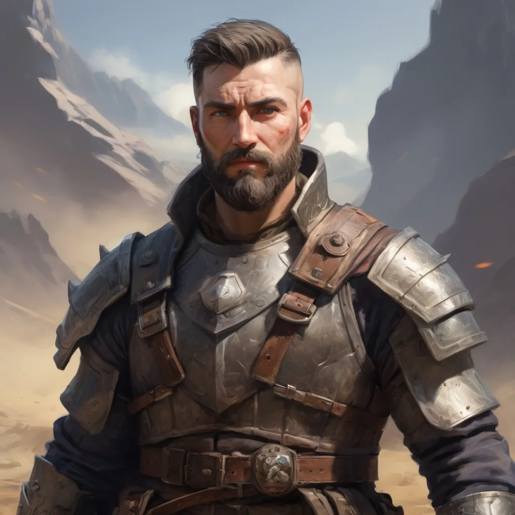 Prompt: Male heavy-set mature marskman with short-cut hair and beard, on a battlefield, in combat, pathfinder, d&d setting, in a realistic high quality digital art style, enhanced shadow quality, colorful