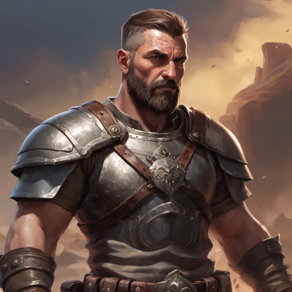 Prompt: Male stocky heavy-set mature muscular guardian with short-cut hair and beard, on a battlefield, in combat, holding a sword, pathfinder, d&d setting, in a realistic high quality digital art style, enhanced shadow quality, colorful