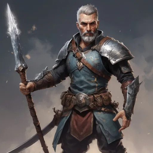 Prompt: (torso) Male heavy-set mature fit magical transmuter with short-cut hair and beard, holding fantasy-weapon, in movement, in a windy battlefield, pathfinder, d&d setting, enhanced shadow quality