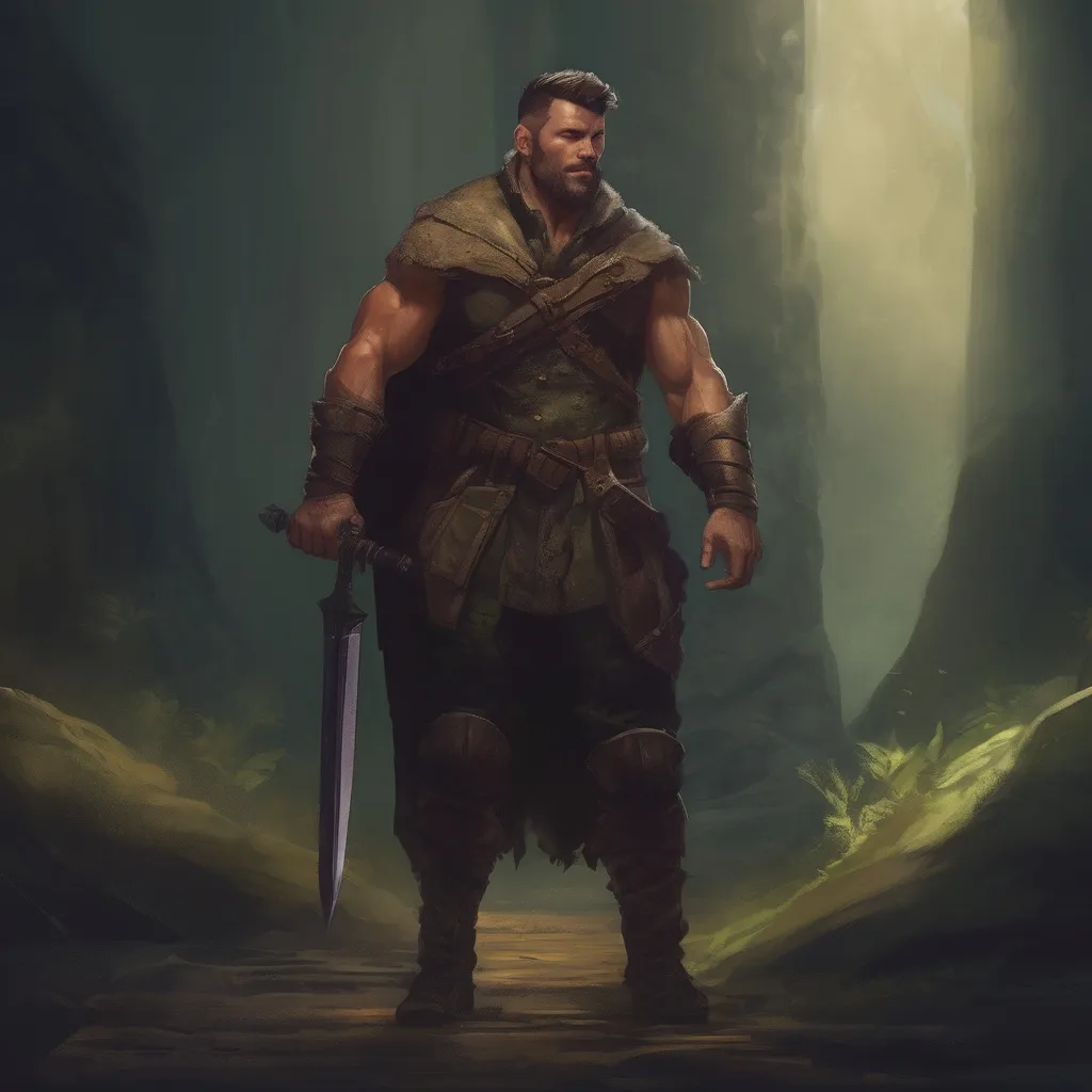 Prompt: (Full body) male handsome large muscular demonhunter with short hair and beard, outside of a cave by a forest at night, pathfinder, d&d setting, in a realistic high quality digital art style