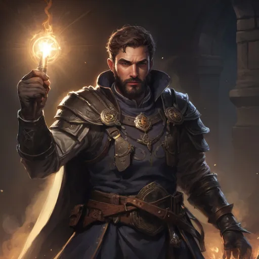 Prompt: Male stocky large french cleric with short-cut hair and beard, broad shoulders,  engaged in combat casting a holy light spell inside of a dark dungeon, pathfinder, d&d setting, in a realistic high quality digital art style, enhanced shadow quality, colorful